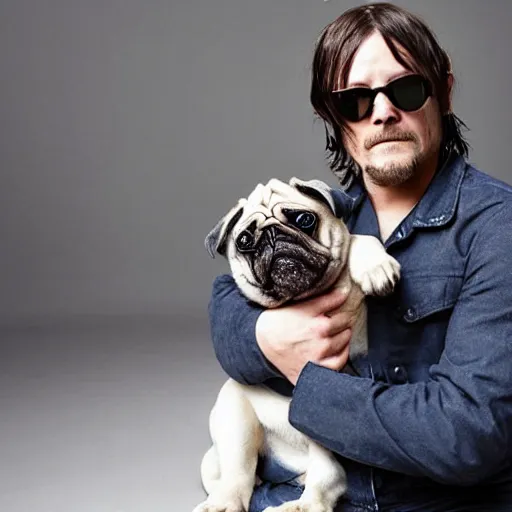 Image similar to Norman Reedus holding an obese pug, photo