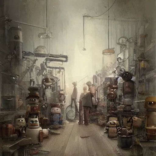 Image similar to (((((((((((cluttered inventors shop full of robots))))))))))) . muted colors. by Jean-Baptiste Monge !!!!!!!!!!!!!!!!!!!!!!!!!!!!!!!!!!!!!!!!