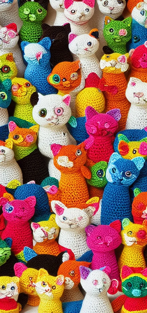 Prompt: multicolored crocheted cats, 2 0 0 0 s catalogue photo,