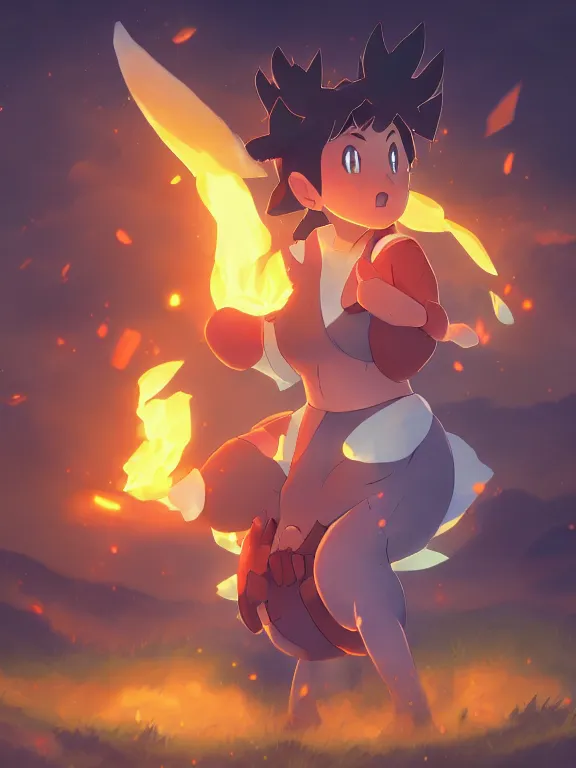 Prompt: a ultradetailed beautiful portrait of a fire - type pokemon trainer preparing to battle, dynamic lighting, cinematic lighting, etheric, oil panting, high resolution, 4 k, by ken sugirmori and makoto shinkai