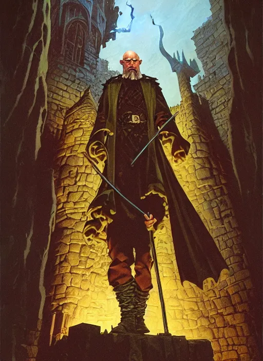 Prompt: highly detailed, hyper realistic wizard with a dungeon background by mike mignola frank frazzeta james gurney