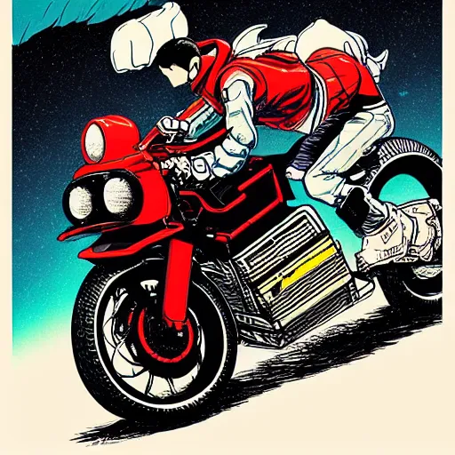 Image similar to illustration of cookie monster riding kaneda's motorcycle from akira by ilya kuvshinov katsuhiro otomo