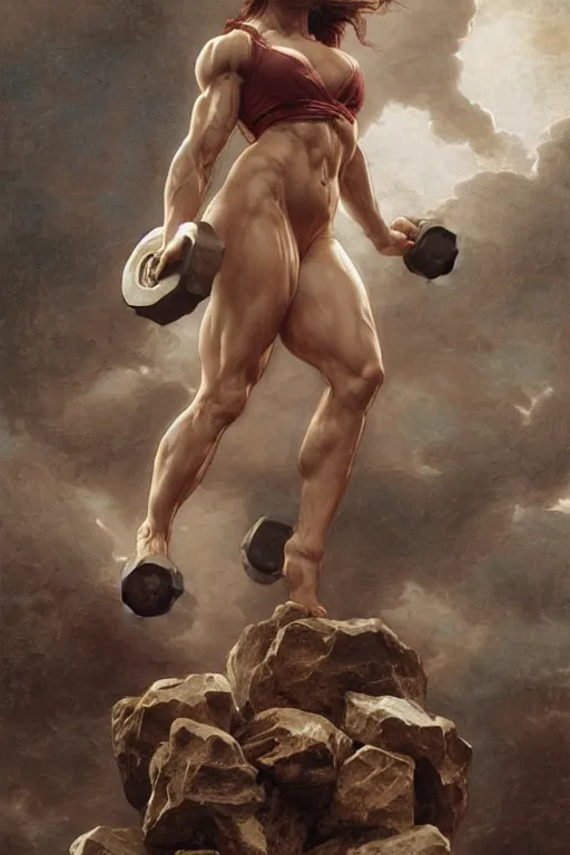 Image similar to muscular greek goddess, with her foot on top of a pile of dumbbells covered in blood - in the style of greg rutkowski, by Gustave Doré, by Marco Turini, by Artgerm, Deviantart in the style of Tom Bagshaw, Cedric Peyravernay, Peter Mohrbacher by William-Adolphe Bouguereau,4k,