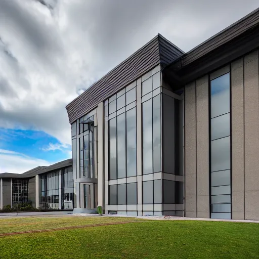 Image similar to HD photo of a nondescript office building in a business park. the office building transforms into a Gothic evil fortress along the way.