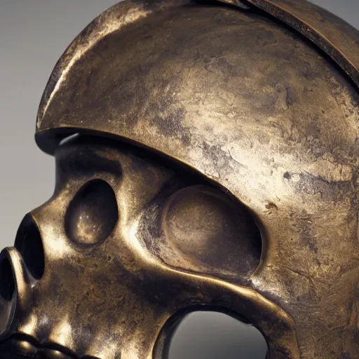 Prompt: old bronze skull wearing a samurai helmet, professional photo shot, depth of field, intricate details