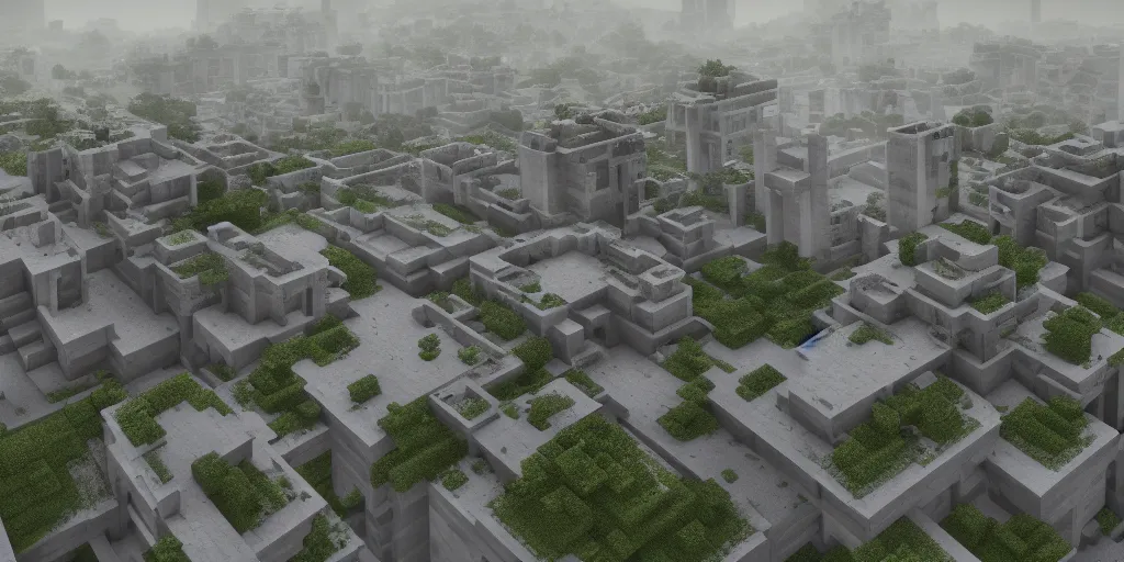 Prompt: brutalist concrete pyramids in minecraft style by Le Corbusier, abandoned temples, empty city streetscapes, surrounded by lush green vegetation, ground-level view, puddles of water, stunning volumetric lighting, sunset, trending on Artstation, 8k, photorealistic, hyper detailed, unreal engine 5, cinematic, epic lighting, cryengine, octane render, cyberpunk,, dark, gloomy