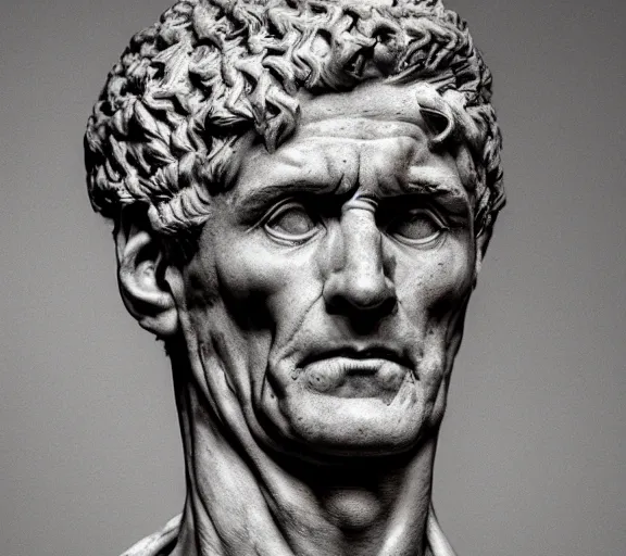 Image similar to a hyper-detailed marble status of Julius Ceasar by Michelangelo; anatomically correct; an extraordinary masterpiece!!!; proud posture; photorealistic eyes; trending on artstation; f/1.4; 90mm