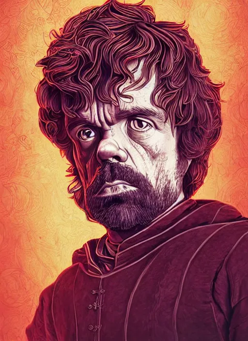 Image similar to portrait of tyrion lannister, an ultrafine detailed illustration by james jean, intricate linework, bright colors, final fantasy, behance contest winner, vanitas, angular, altermodern, unreal engine 5 highly rendered, global illumination, radiant light, detailed and intricate environment