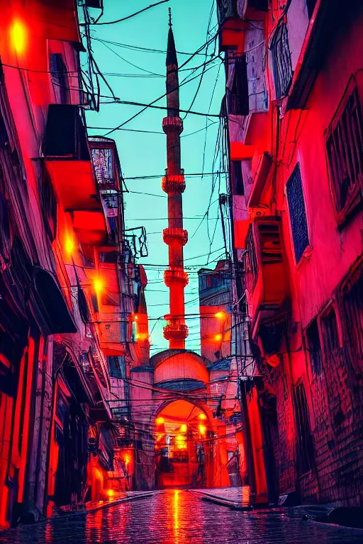 Image similar to neon streets of istanbul mosque, 4 k, award winning photo, cyberpunk style