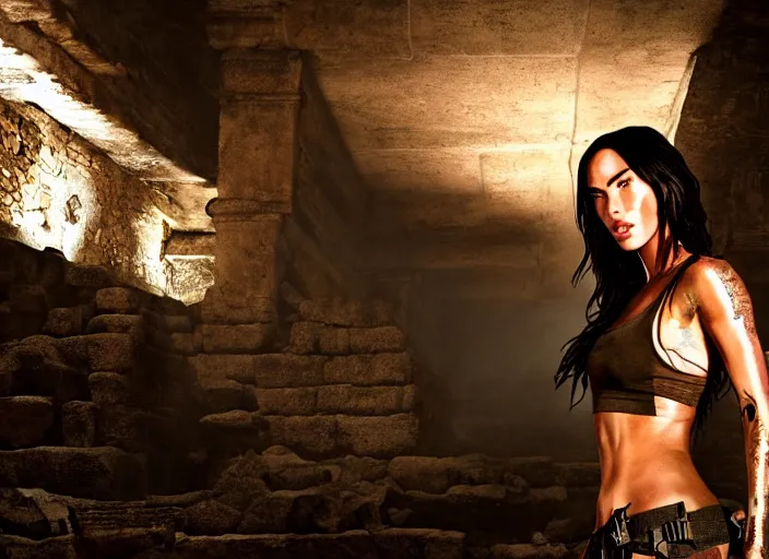 Prompt: film still of!!!! megan fox!!! as lara croft in new tomb raider movie, closeup portrait, exploring inside of aztec temple, glamour pose, dramatic lighting, octane, mist, volumetric lighting, arney freytag, 8 k