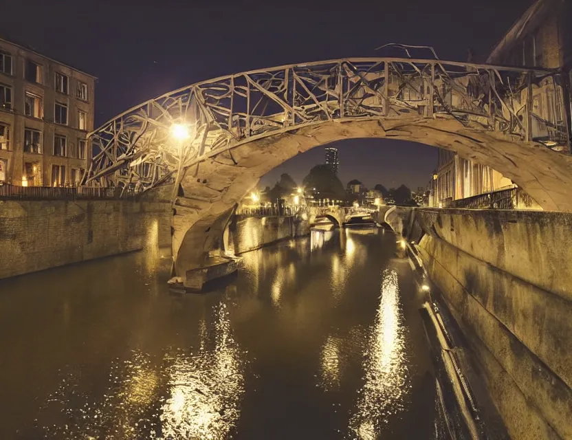 Prompt: close view of a bridge over water in gent belgium at night, peaceful and serene, incredible perspective, soft lighting, anime scenery by makoto shinkai and studio ghibli, very detailed