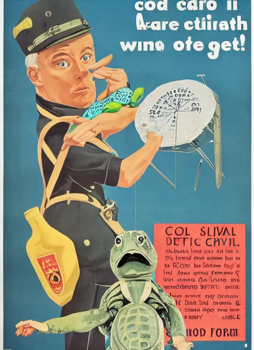 Prompt: cold war civil defense poster teaching survival secrets for atomic attacks, duck and cover with bert the turtle,