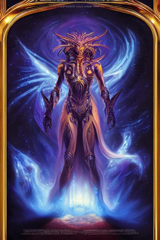 Image similar to beautiful oil painting with high detail of a interstellar demon made of stars and plasma, hybrid from dungeons and dragons and art direction by James Cameron ;by artgerm; wayne reynolds art station; Drew Struzan movie poster. cinematic quality character render; low angle; ultra high quality model; production quality cinema model;