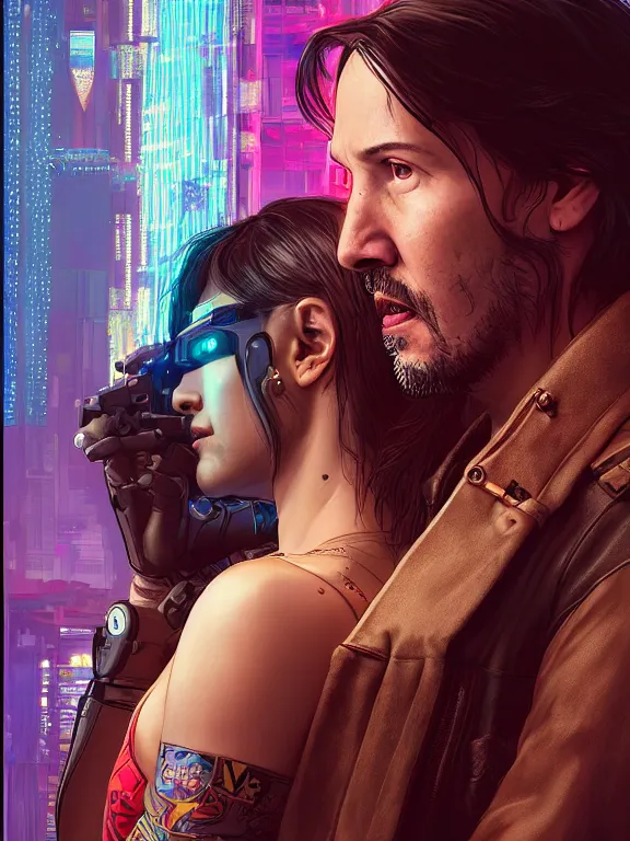 Prompt: a cyberpunk 2077 couple portrait of Keanu Reeves and V, ,love story,film lighting,by laurie greasley,Lawrence Alma-Tadema,William Morris,Dan Mumford,trending on atrstation,FAN ART,full of color,Digital painting,face enhance,highly detailed,8K, octane,golden ratio,cinematic lighting