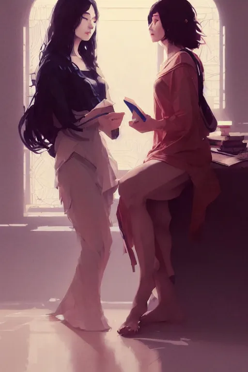 Image similar to portrait of two wise and very beautiful women discussing some texts, art by guweiz and greg rutkowski, intricate, elegant, highly detailed, smooth, sharp focus, artstation