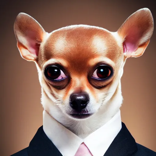 Image similar to professional portrait photo of a humanoid, with robotic parts on his face, honey color chihuahua dog, digital - art woman with a suit super hero