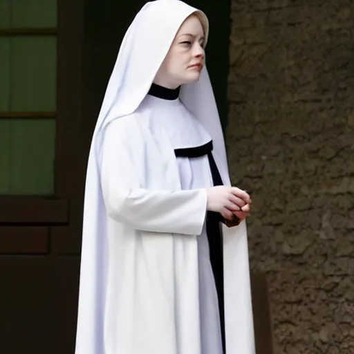 Image similar to A full body shot of Emma Stone dressed as a nun , catholic , high quality, fully detailed, 4k, in focus, detailed eyes