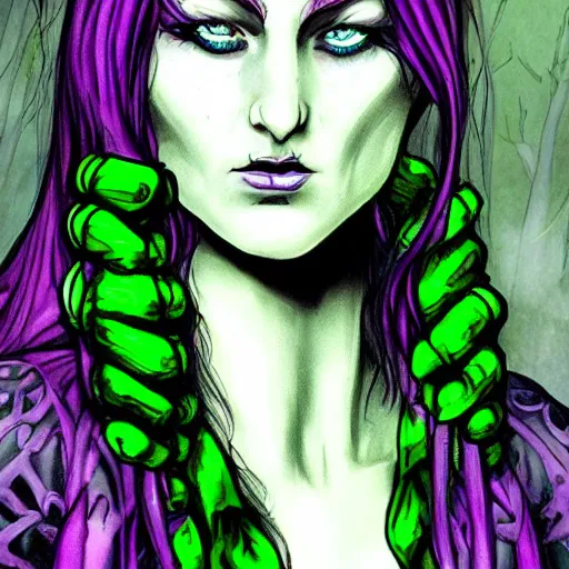 Prompt: character art of evil druidess | silver curved dagger | by Brom | blighted forest | comic book style | realistic face and body | beautiful detailed young face | pulp adventure heroine | green and purple vivid | thick line art