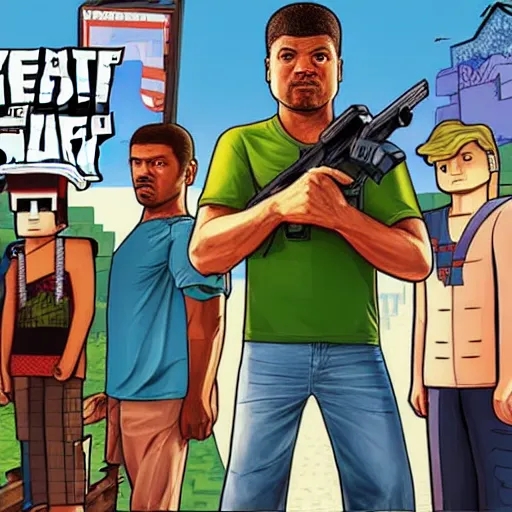 Prompt: minecraft steve in gta v cover art, loading screen, art by stephen bliss