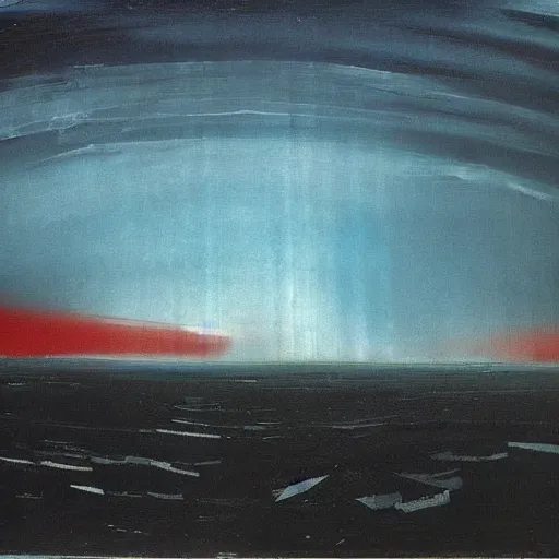 Prompt: the epic abstract painting'blue arctic void with black and red aurora borealis above rogers - post site ', by caspar david friedrich!!!, by rothko!!!, stunning masterpiece, trending on artstation