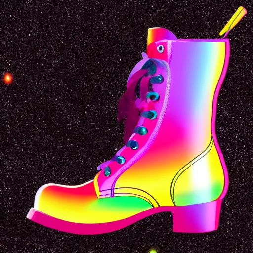 Prompt: hyperrealistic photo of rainbow combat boots made out of glitter, unicorn tears, and stardust, single object on black ground, high resolution, 8 k,