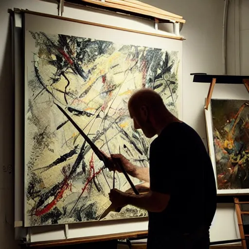 Prompt: jackson pollock at work in his studio, intricate, elegant, digital painting, concept art, sharp focus, rays of light, by greg rutkowski, gaston bussiere