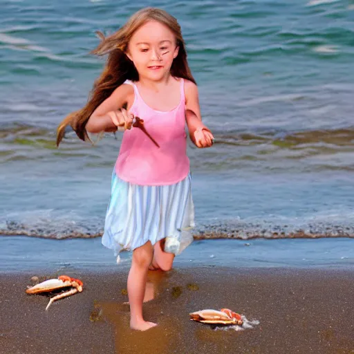 Image similar to of little girl raiding on crab on the beach.