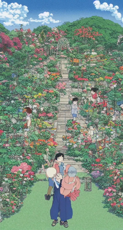 Image similar to studio ghibli rose garden by hayao miyazaki