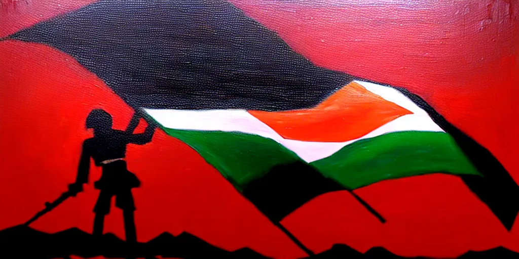 Image similar to dramatic epic dark oil painting of freedom for palestine, red green white black