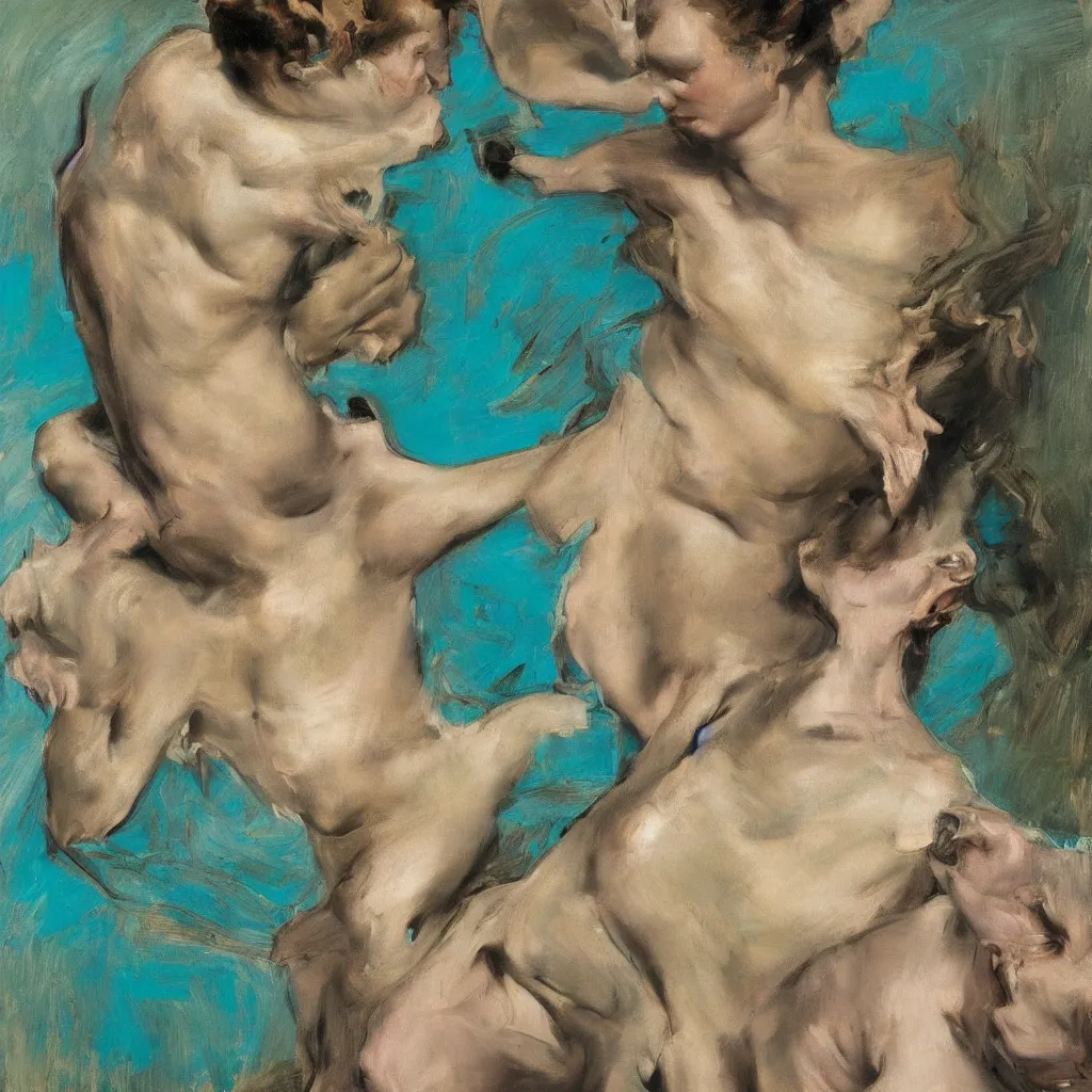 Image similar to high quality high detail painting by lucian freud, jenny savile, ilya repin and john singer sargent, mutation and elastic skin, turquoise, hd
