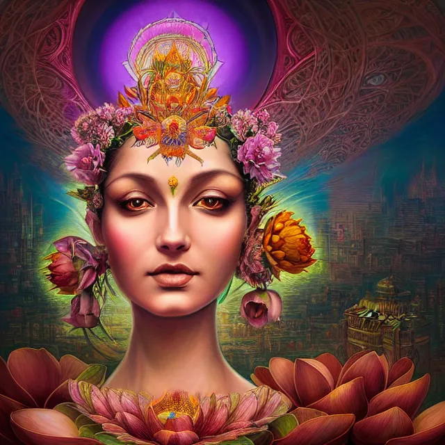 Prompt: Beautiful 3d render of the flower queen goddess on a lotus, centered, symmetry, with the third eye on her forehead, painted, intricate, volumetric lighting, beautiful, rich deep colours masterpiece, sharp focus, ultra detailed, in the style of Dan Mumford and marc simonetti, with a clear crowded futuristic cyberpunk dubai city in the background, astrophotgraphy