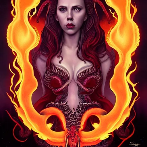 Image similar to ghotic demonic female demon satan hell portrait of scarlett johansson as queen of hell and queen of dragons, fire and flame, big long hell serpent dragon, octopus, Pixar style, by Tristan Eaton Stanley Artgerm and Tom Bagshaw.