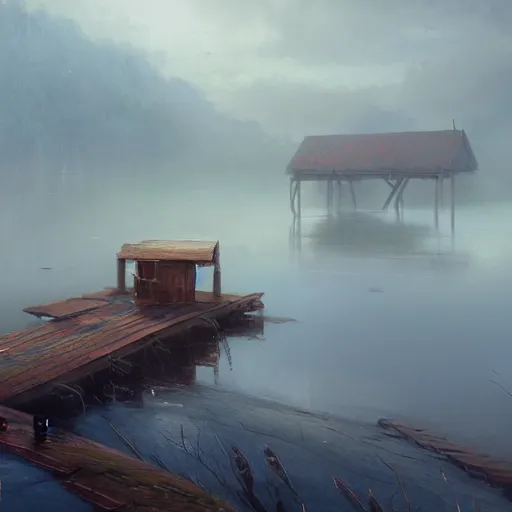 Prompt: movie scene of a old wooden dock and bait and tackle shack on a very misty day, greg rutkowski, loish, rhads, ferdinand knab, makoto shinkai and lois van baarle, artgerm, pixar, ilya kuvshinov, rossdraws, tom bagshaw, global illumination