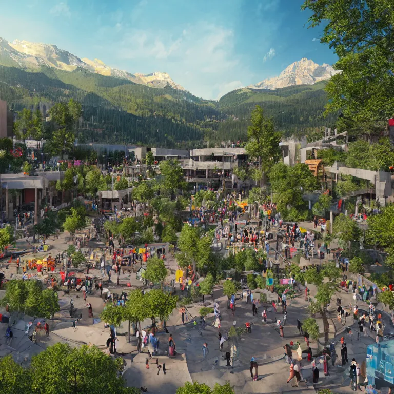 Image similar to environment concept art location of a giant outdoor amphitheater in a modern eco-city located in Aspen Colorado, skybridges, turrets, crowded, hundreds of pedestrians, sunbeams, bold bright colors, unreal engine, detailed, octane render, 4k, photorealistic, cinematic lighting