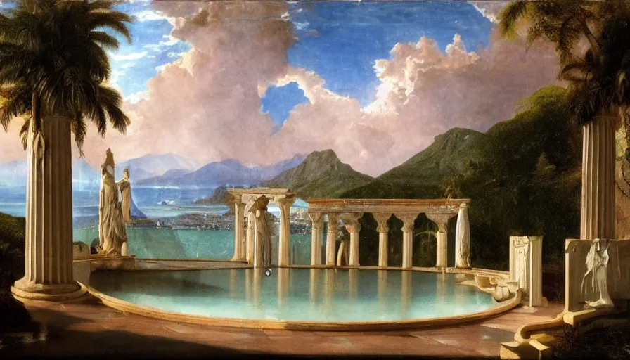 Image similar to Palace of the occult, mediterranean balustrade and columns, refracted sparkles, thunderstorm, greek pool, beach and Tropical vegetation on the background major arcana sky and occult symbols, by paul delaroche, hyperrealistic 4k uhd, award-winning, very detailed paradise