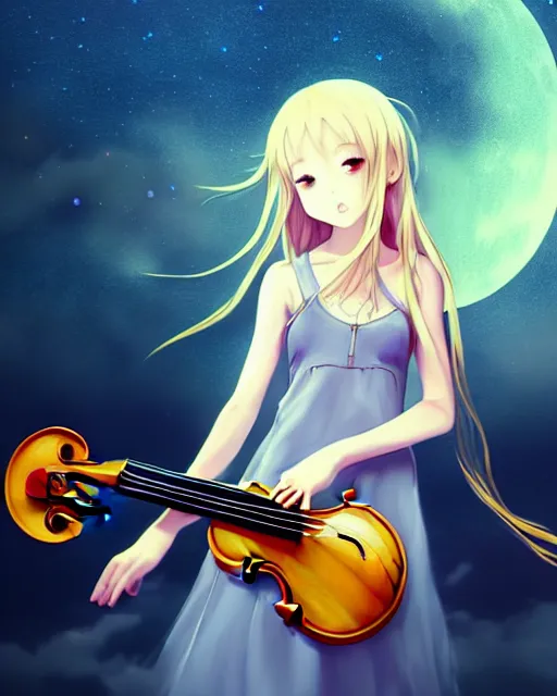 Image similar to teen, cute, full body, a female with white skin and golden long wavy hair holding a violin and playing a song, heavenly, stunning art style, filters applied, lunar time, night sky, trending art, sharp focus, centered, landscape shot, fate zero, simple background, studio ghibly makoto shinkai yuji yamaguchi, by wlop