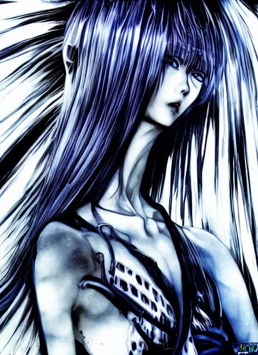 Image similar to Rei Ayanami by Yoshitaka Amano, by HR Giger, 4k, hyper detailed, hyperrealism