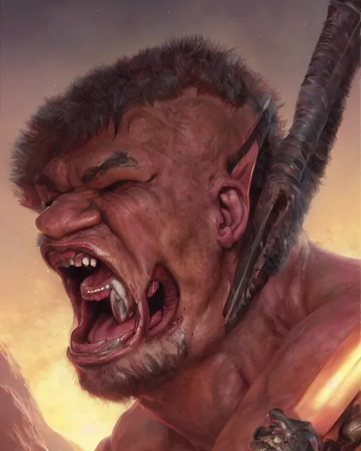 Image similar to a portrait of strong and handsome young barbarian, screaming, ready to fight, by Ross Tran and Thomas Cole and Wayne Barlowe