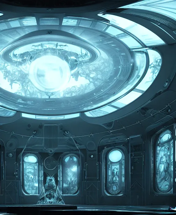 Image similar to chronovisor, transparent clear see - through image from inside the vatikan, aurora spaceship environment, ultra realistic, concept art, photorealistic, octane render, 8 k, unreal engine. art by gustave dore and nori inoguchi and sam kaplan and zachary goulko and christopher marley and artgerm and alphonse mucha