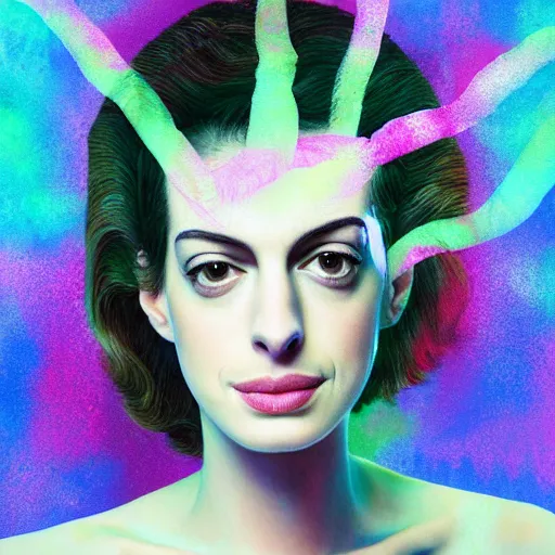 Prompt: surreal Anne Hathaway covered in chromatic distortions standing in mysterious place, beautiful, pscychodelic, trending on artstation, artwork by Hughes, Edward Robert