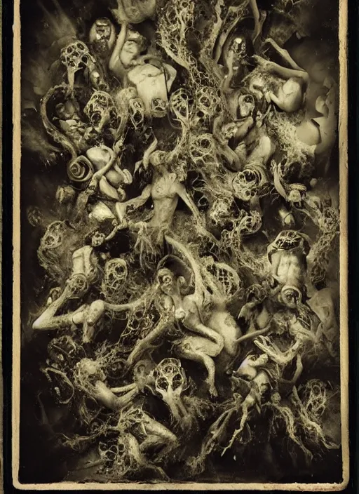 Image similar to old wetplate daguerreotype demons, devil, pain, anger, desolation, angel, divine, multiple faces, explosion of data fragments, fractal, intricate, elegant, highly detailed, parallax, leica, medium format, subsurface scattering, by jheronimus bosch and greg rutkowski and louis jacques mande daguerre