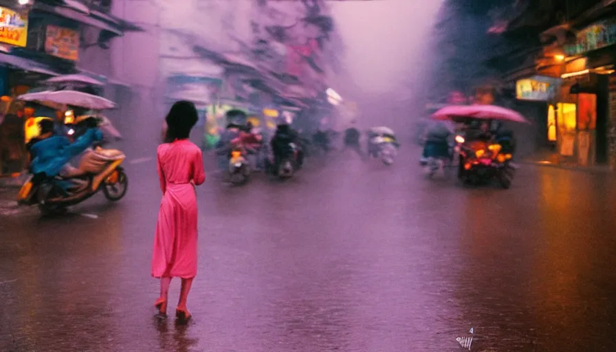 Prompt: street of hanoi, photography, night, rain, mist, a girl with pink hair, cinestill 8 0 0 t, in the style of william eggleston