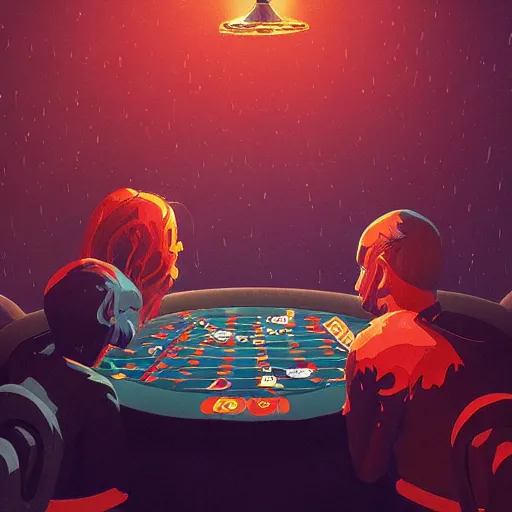 Image similar to detailed illustration of a poker card game by alena aenami and annato finnstark