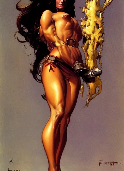 Image similar to ample golden saint girl, strong line, deep color, beautiful! coherent! by frank frazetta, by brom, low angle