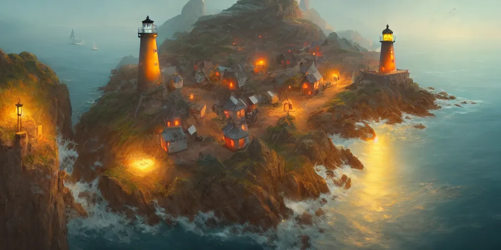 Image similar to Cozy small fantasy village on a cape with a lighthouse, fishing boats, view from above. In style of Greg Rutkowski, Jesper Ejsing, Makoto Shinkai, trending on ArtStation, fantasy, great composition, concept art, highly detailed, scenery, 8K, Behance.