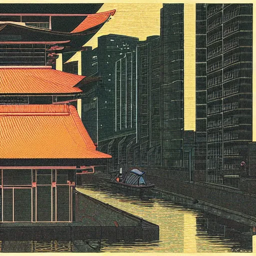 Prompt: the cyberpunk cty,PPT,Kawase Hasui