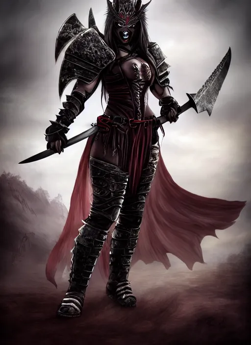 Prompt: female vampire warrior, full body portrait, realistic, sharp teeth, grinning, muscular, flying, barefoot, exposed feet, black full plate armor, historical armor, covered chest, metal mask, huge two - handed sword, claymore, ghostblade, wlop, asian fantasy.