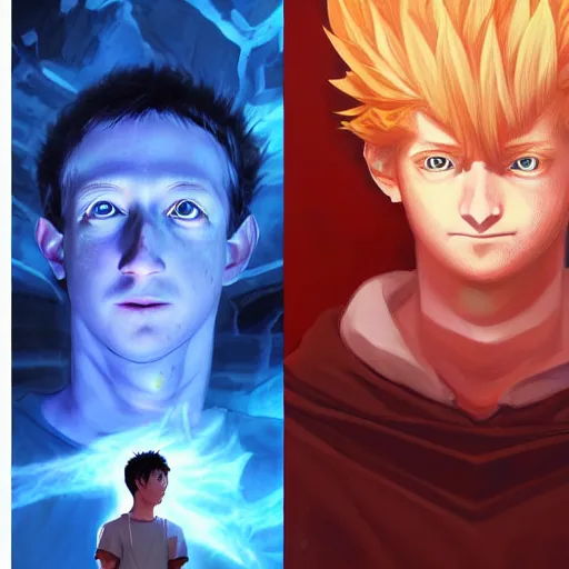 Image similar to anime portrait of Mark Zuckerberg as a shaman yedi using dark force to eliminate trump as an anime antagonist by Stanley Artgerm Lau, WLOP, Rossdraws, James Jean, Andrei Riabovitchev, Marc Simonetti, and Sakimichan, trending on artstation