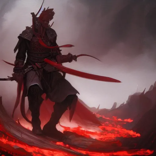 Prompt: wide shot, fantasy painting of a pale man with a two-handed black blade covered in red runes, painted by Bayard Wu, ultra detailed, 8k