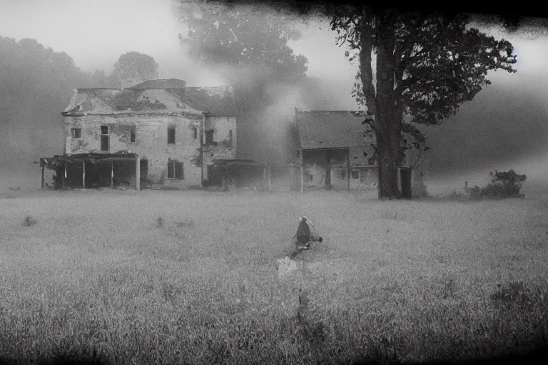 Image similar to a tourist taking a photo of an abandoned farmhouse, cinematic shot, foggy, photo still from movie by denis villeneuve